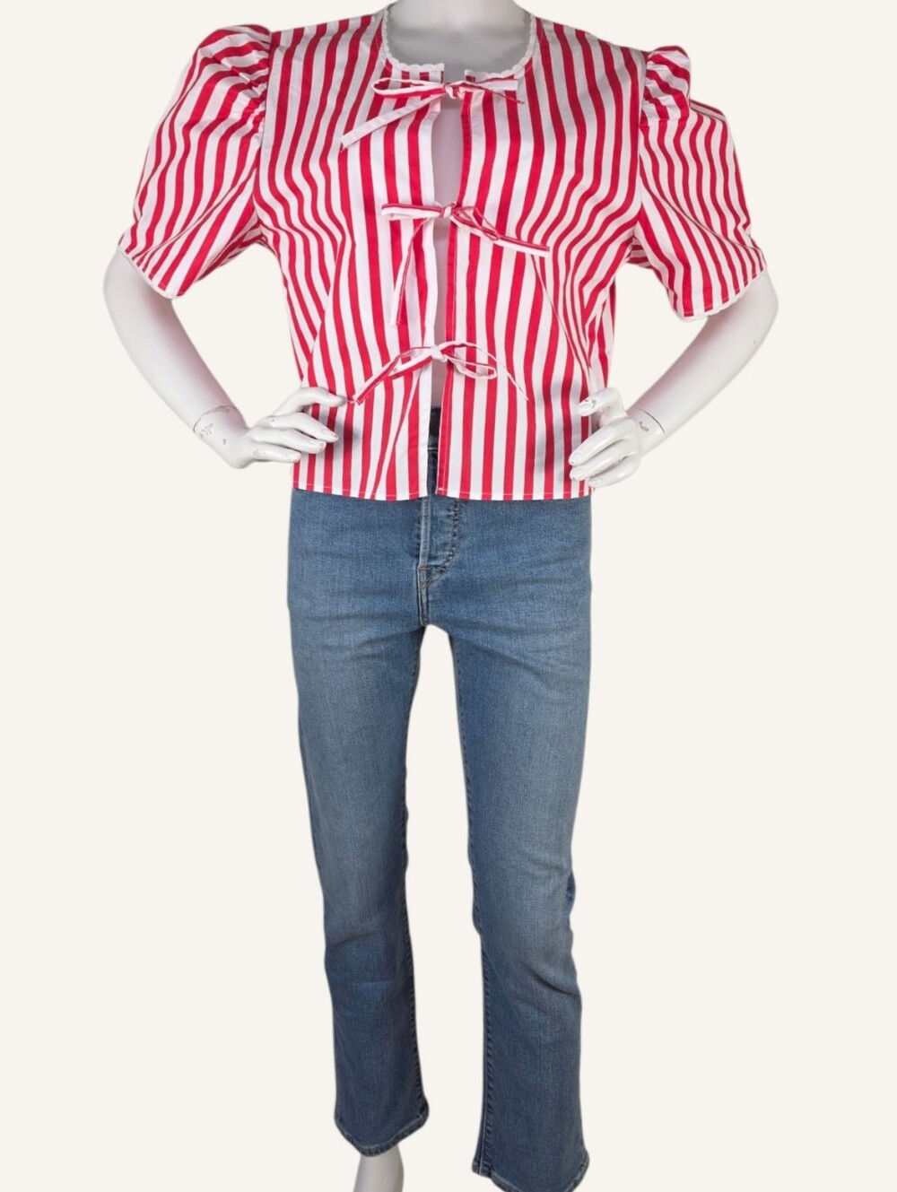 Brunette The Label Red Stripe Tie Front Poplin Top M/L NWT Cottagecore